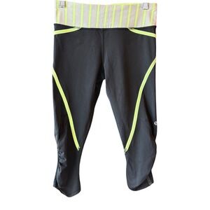 Lululemon Cropped Leggings Size 4 Black Neon Green Striped Waistband